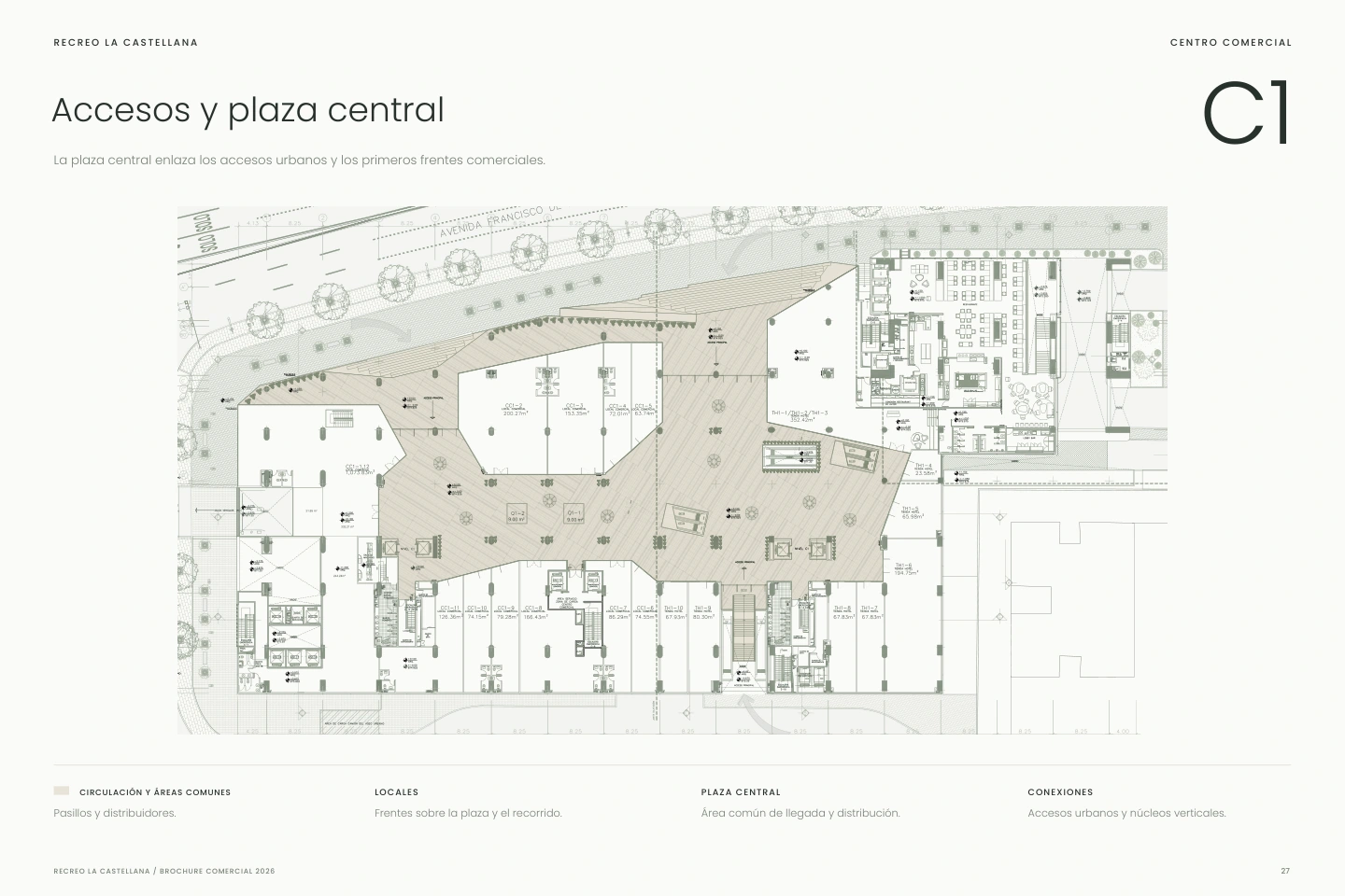 Planta aprobada del nivel C1: accesos, plaza central y circulaciones