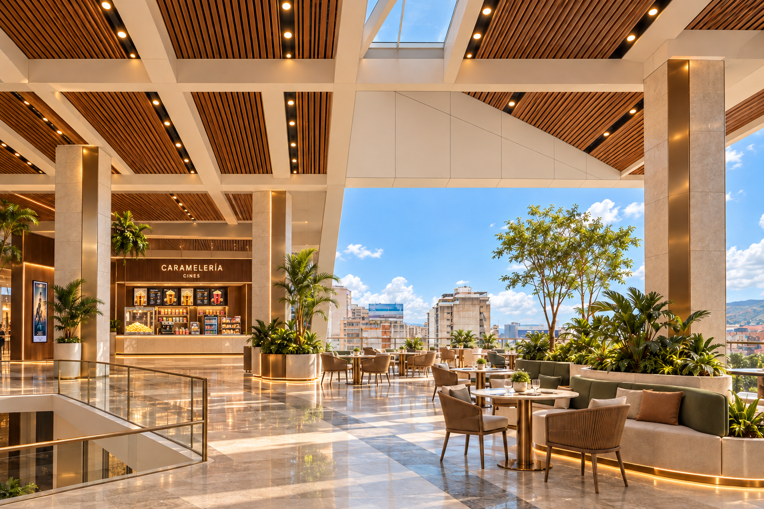Terraza gastronómica del centro comercial abierta hacia Caracas
